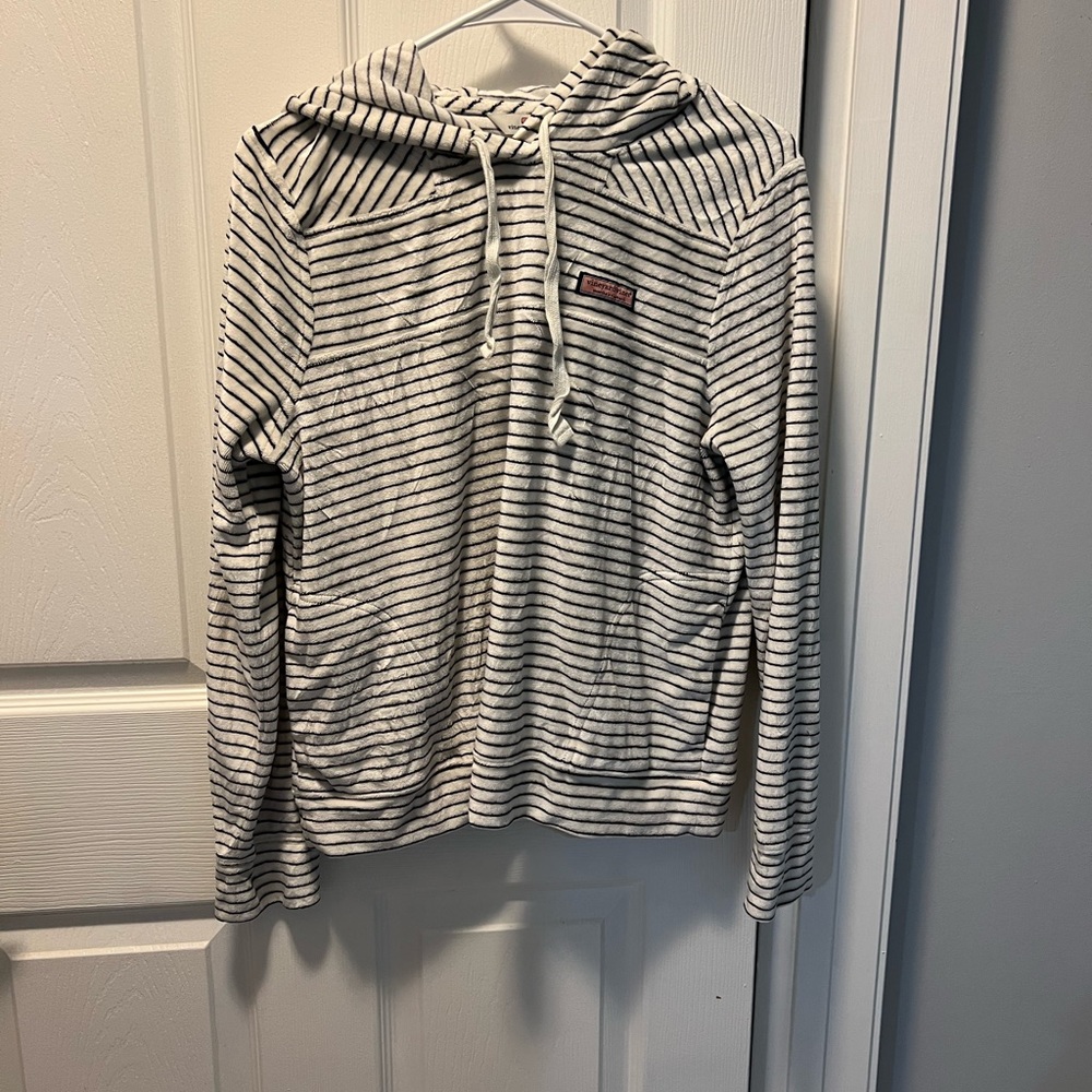 Vineyard Vines Women’s velvet hooded pullover, black & white strip, sz medium.